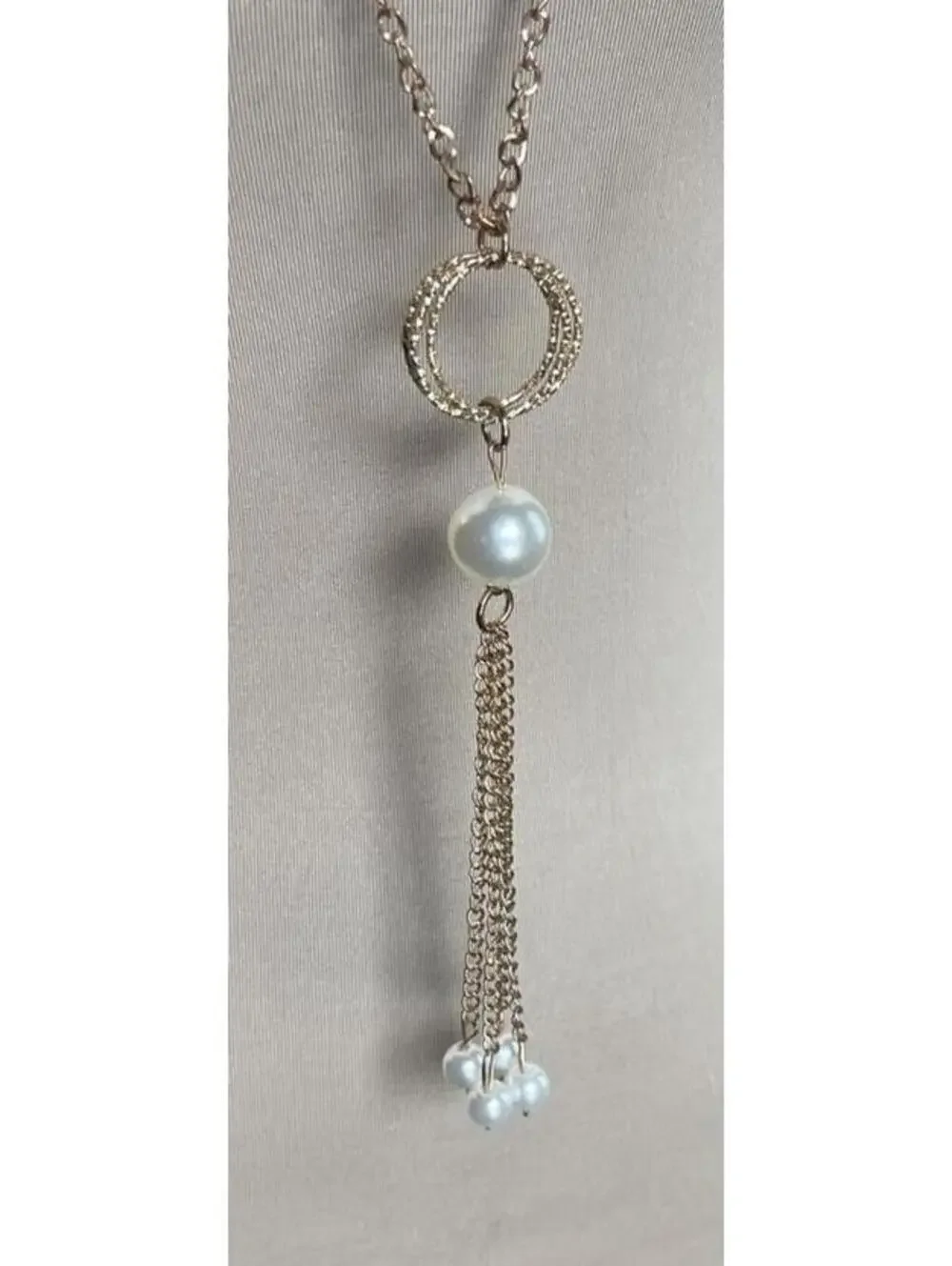 Gold Tone Long Chain Necklace with Pearl and Tassel Pendant